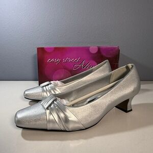 Easy Street Waive Silver Satin Low Heel Pumps Shoes Size 9 Wide